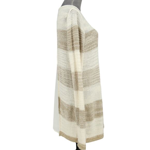 Calvin Klein Sweater Womens Large Ivory Beige Stripe Chiffon Back Pleat Pullover - Picture 5 of 13